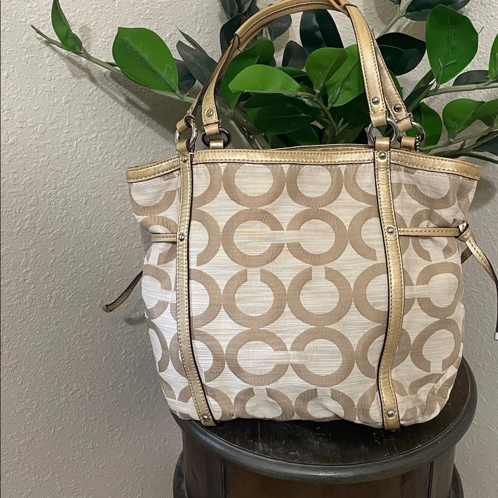 Coach Audrey OP Art Shantung Cinched Tote with gold leather trim